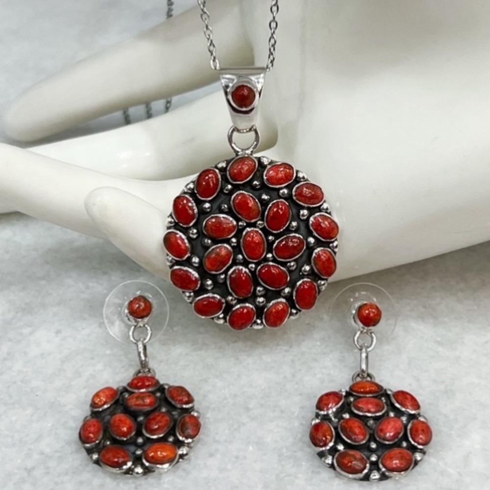 Santa Fe Style Sterling Silver Red Coral BOHO Earrings and Pendant Necklace Set
